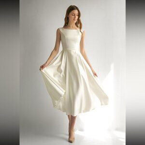 Midi satin wedding dress with classic boat neckline